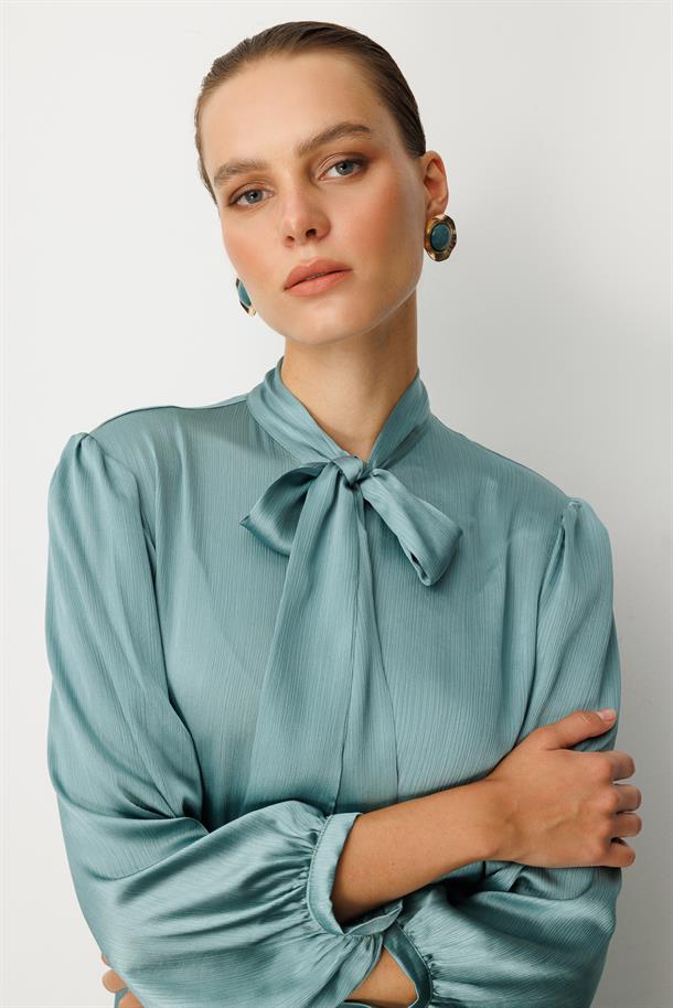 Kendinden Desenli Saten Tunik Gömlek-MINT