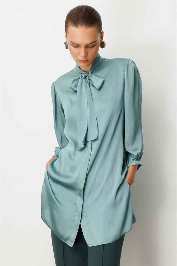 Kendinden Desenli Saten Tunik Gömlek-MINT