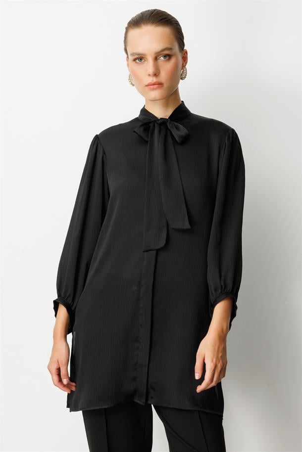 Kendinden Desenli Saten Tunik Gömlek-SİYAH