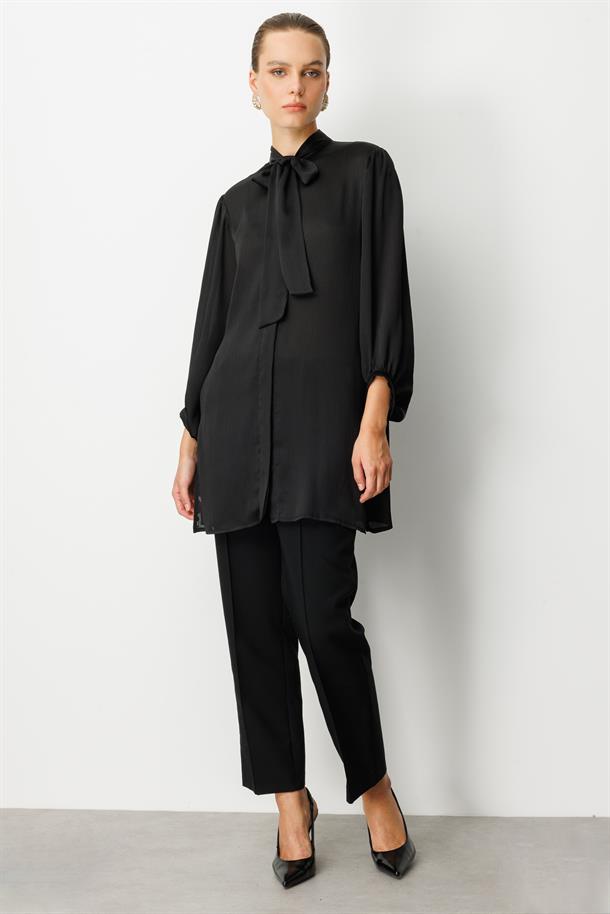 Kendinden Desenli Saten Tunik Gömlek-SİYAH