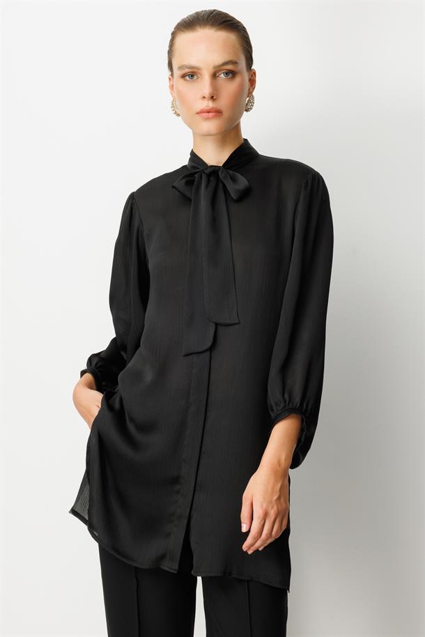 Kendinden Desenli Saten Tunik Gömlek-SİYAH