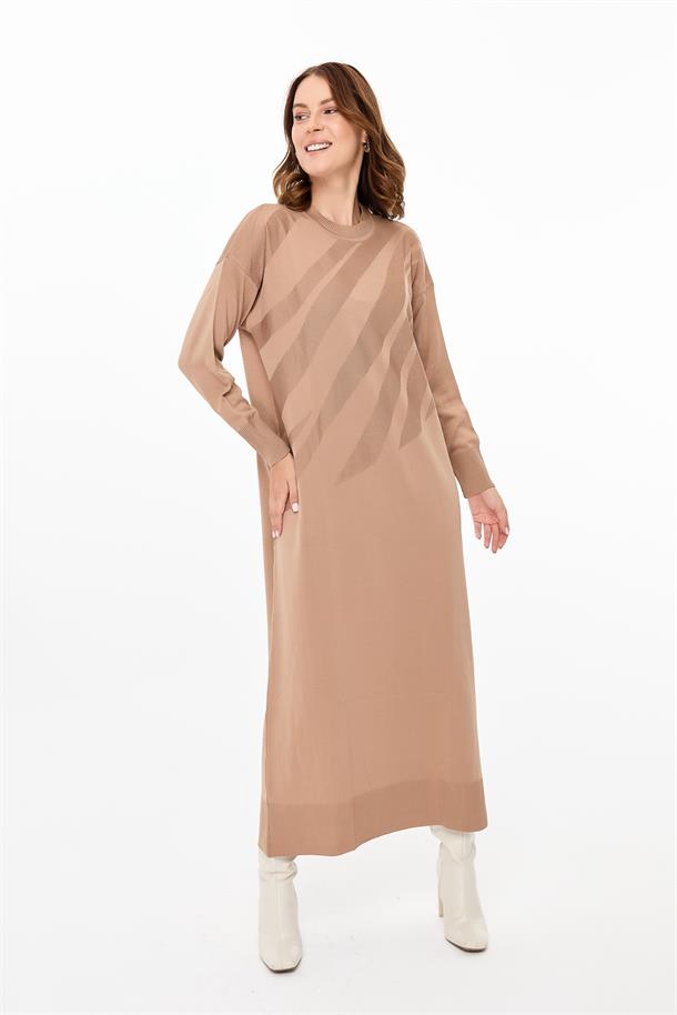 Kendinden Desenli Triko Elbise-CAMEL