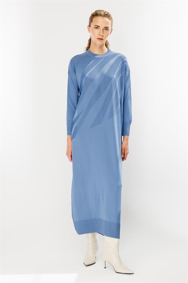 Kendinden Desenli Triko Elbise-İNDİGO