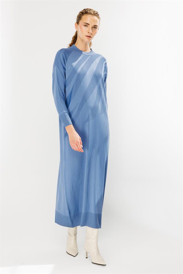 Kendinden Desenli Triko Elbise-İNDİGO