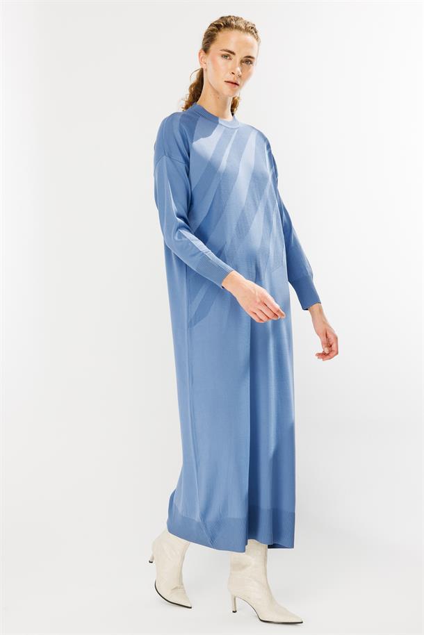 Kendinden Desenli Triko Elbise-İNDİGO