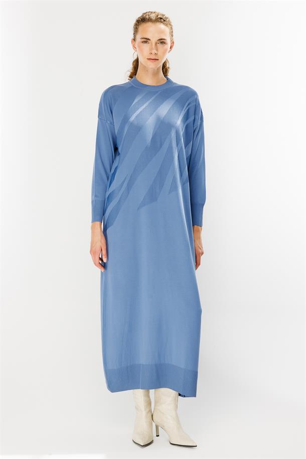 Kendinden Desenli Triko Elbise-İNDİGO