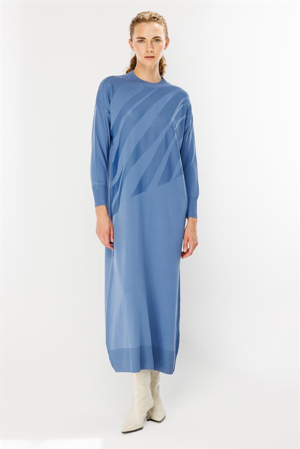 Kendinden Desenli Triko Elbise-İNDİGO