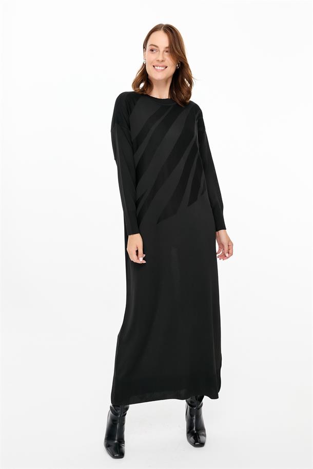 Kendinden Desenli Triko Elbise-SİYAH