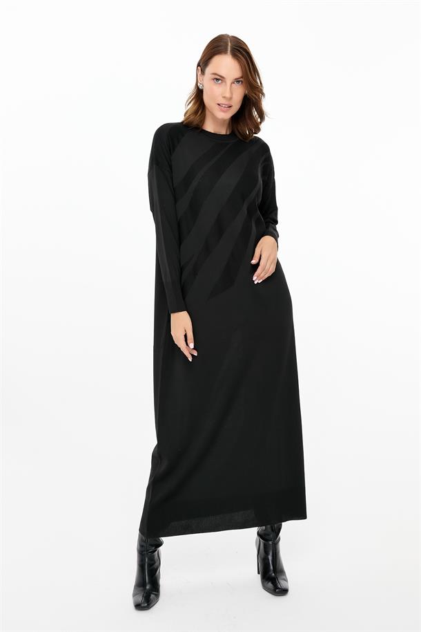 Kendinden Desenli Triko Elbise-SİYAH