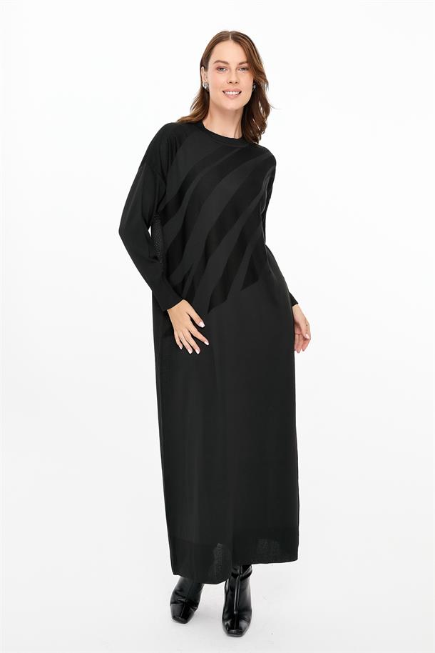 Kendinden Desenli Triko Elbise-SİYAH