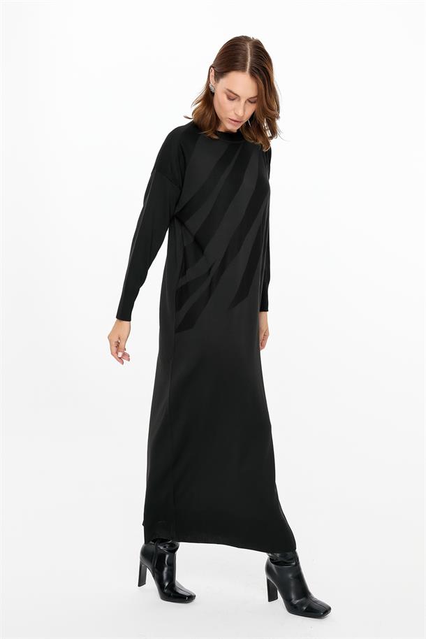 Kendinden Desenli Triko Elbise-SİYAH