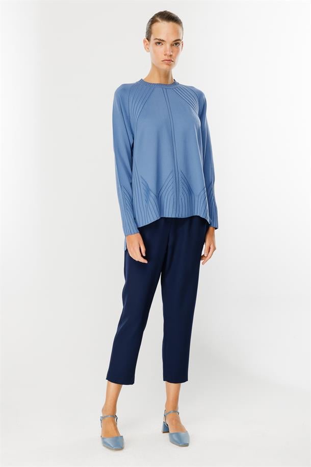 Kendinden Desenli Triko Kazak-İNDİGO