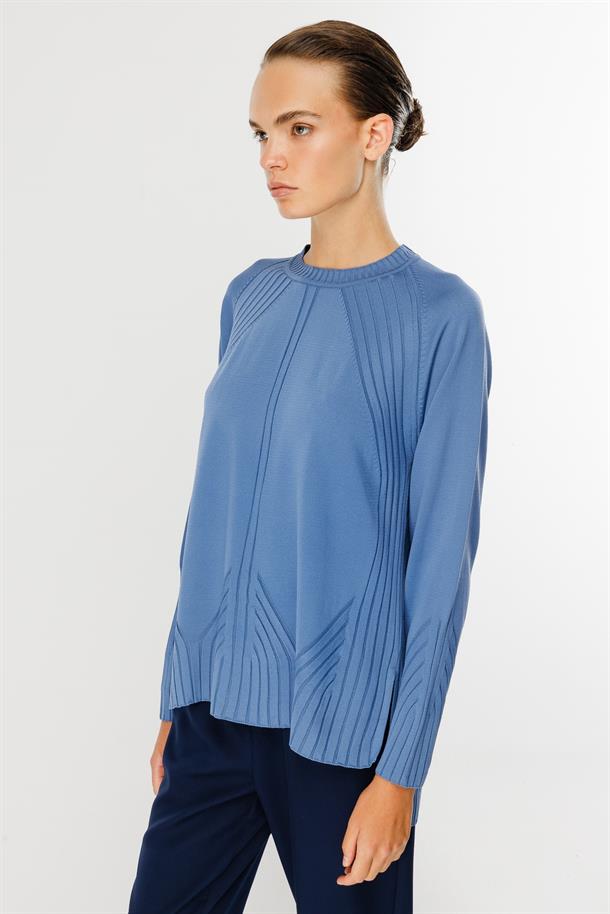 Kendinden Desenli Triko Kazak-İNDİGO