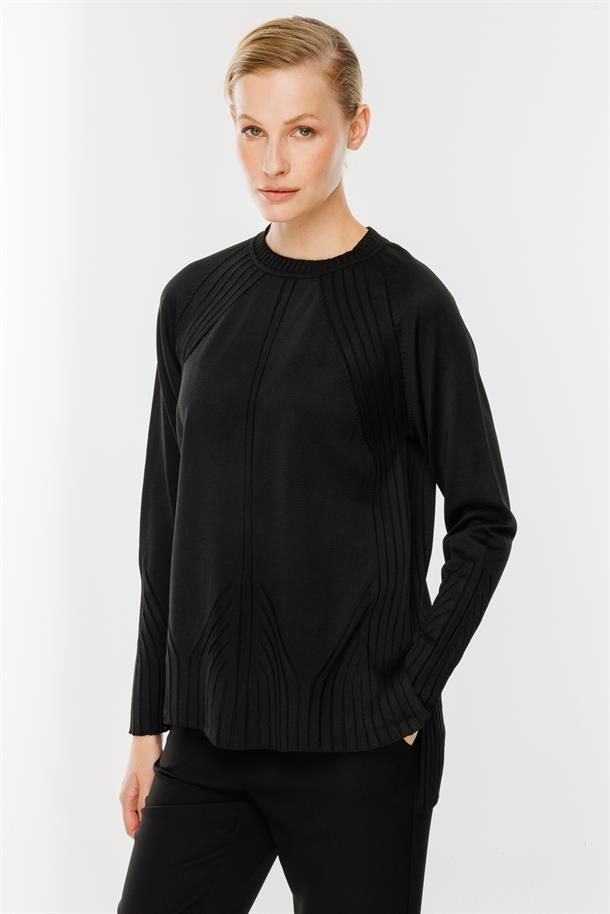 Kendinden Desenli Triko Kazak-SİYAH