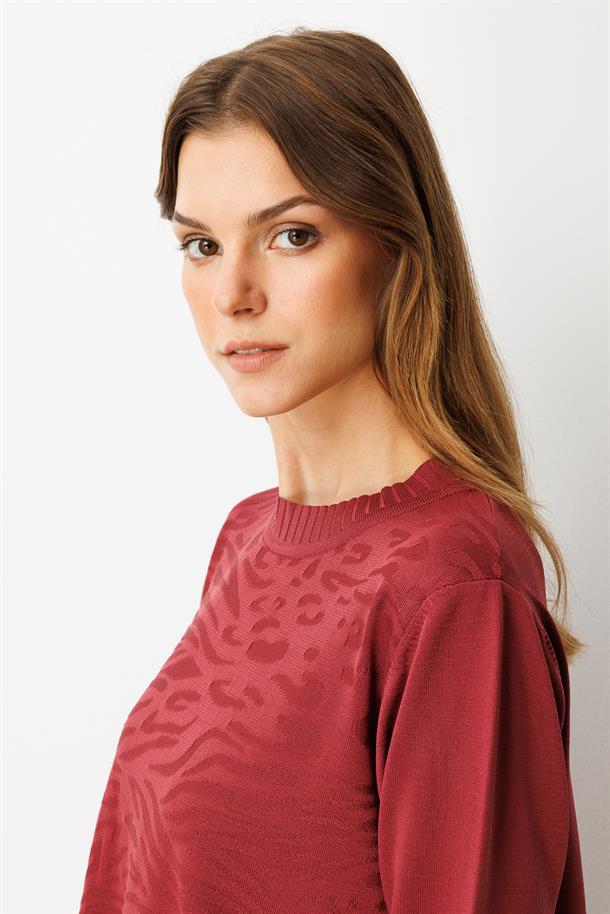 Kendinden Desenli Triko Tunik-BORDO