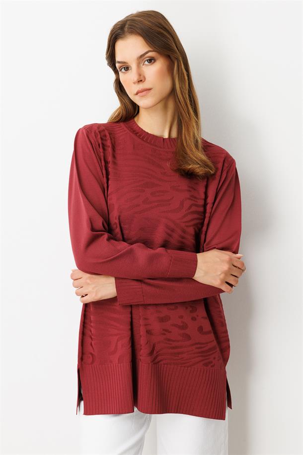 Kendinden Desenli Triko Tunik-BORDO