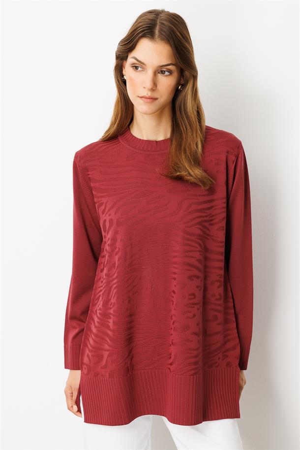 Kendinden Desenli Triko Tunik-BORDO
