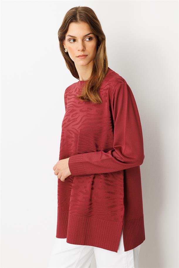 Kendinden Desenli Triko Tunik-BORDO