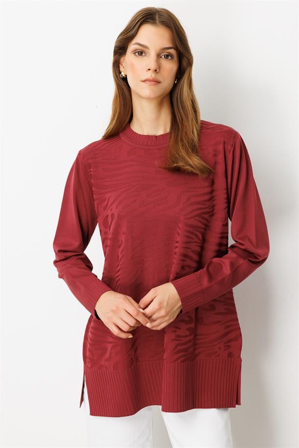 Kendinden Desenli Triko Tunik-BORDO