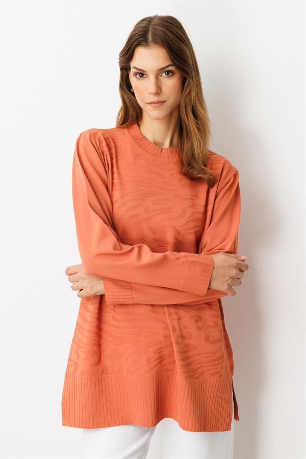 Kendinden Desenli Triko Tunik-ŞEFTALİ