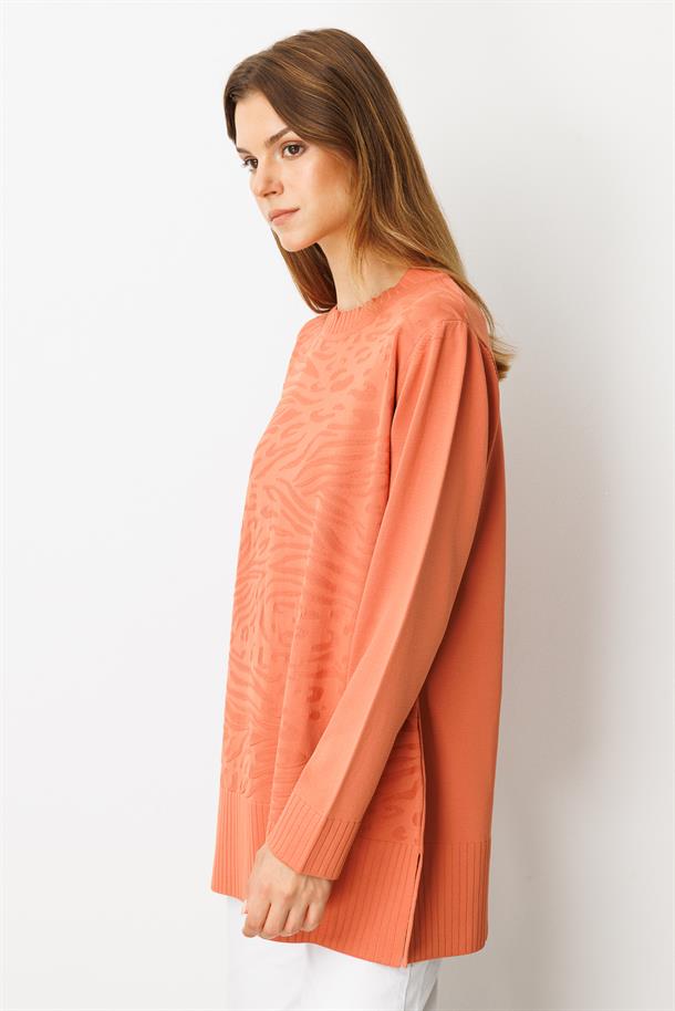 Kendinden Desenli Triko Tunik-ŞEFTALİ