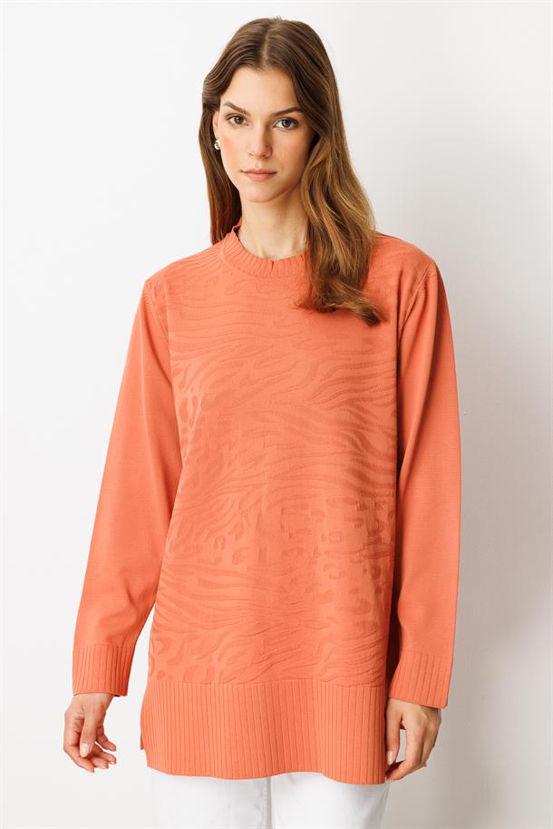 Kendinden Desenli Triko Tunik-ŞEFTALİ