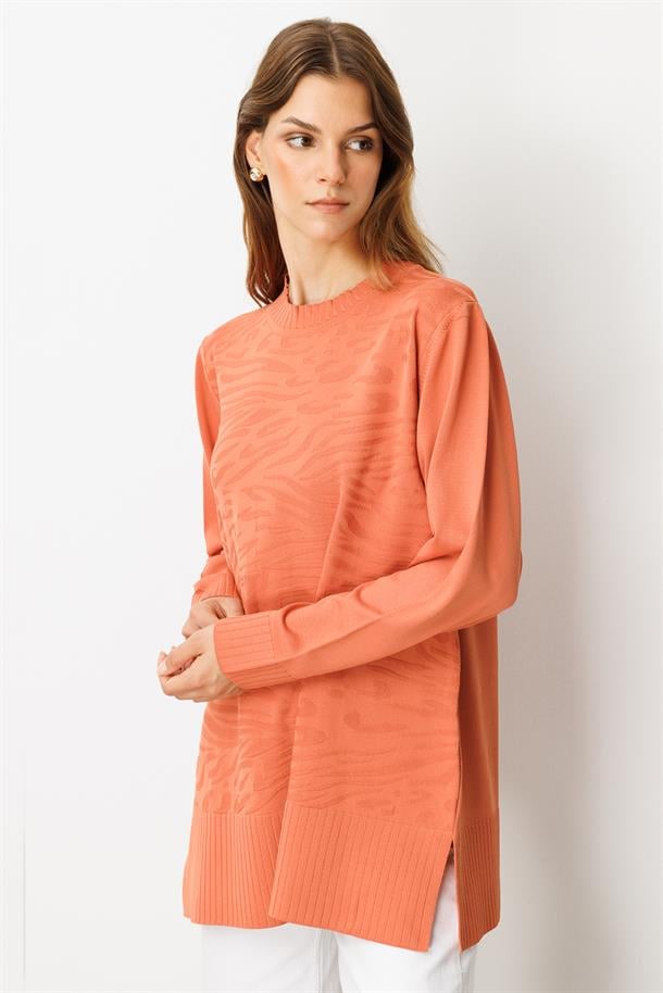 Kendinden Desenli Triko Tunik-ŞEFTALİ