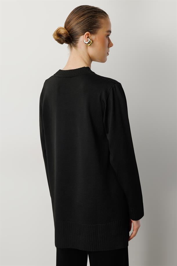 Kendinden Desenli Triko Tunik-SİYAH