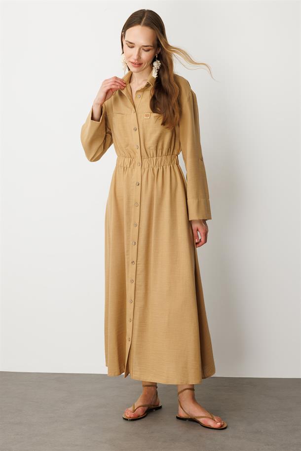Keten Görünüm Düğmeli Uzun Elbise-CAMEL