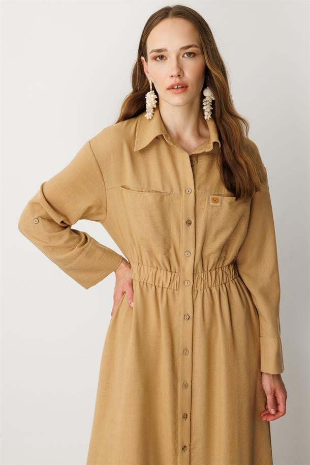 Keten Görünüm Düğmeli Uzun Elbise-CAMEL