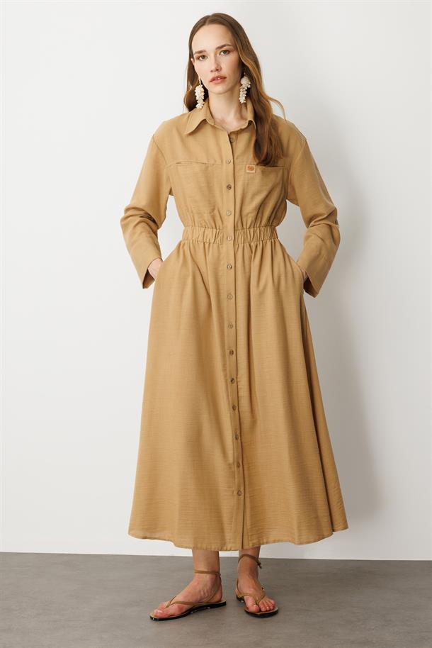 Keten Görünüm Düğmeli Uzun Elbise-CAMEL
