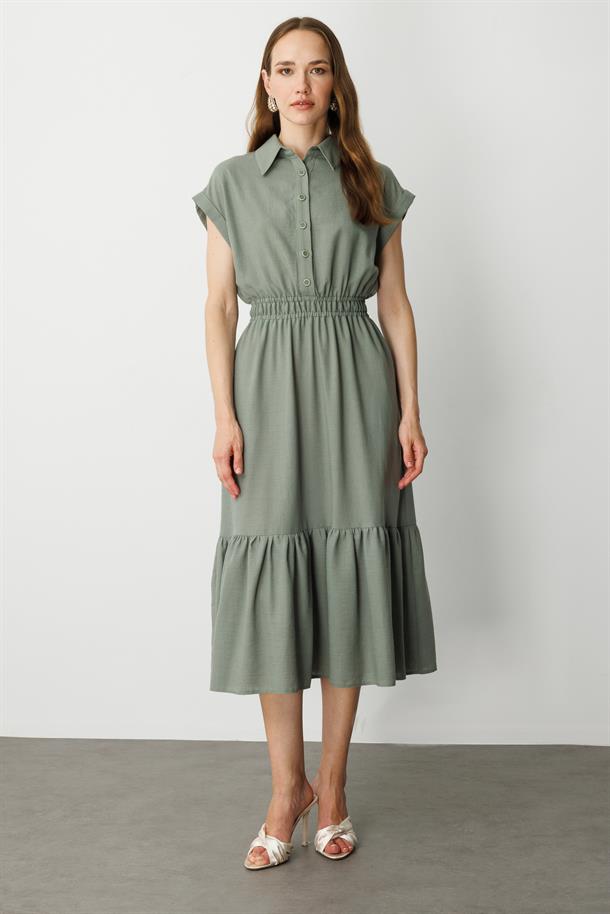 Keten Görünüm Farbela Detaylı Uzun Elbise-ÇAĞLA