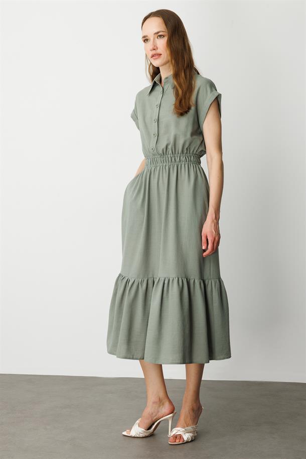 Keten Görünüm Farbela Detaylı Uzun Elbise-ÇAĞLA