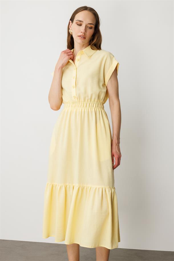 Keten Görünüm Farbela Detaylı Uzun Elbise-SARI