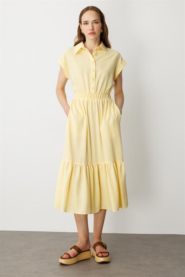 Keten Görünüm Farbela Detaylı Uzun Elbise-SARI