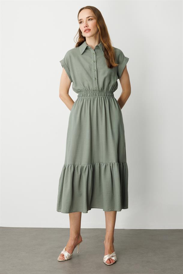 Keten Görünüm Farbela Detaylı Uzun Elbise-ÇAĞLA