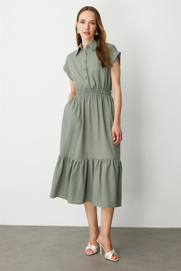 Keten Görünüm Farbela Detaylı Uzun Elbise-ÇAĞLA