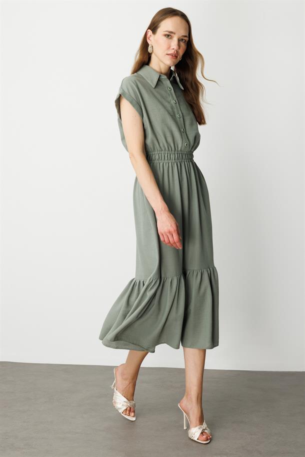 Keten Görünüm Farbela Detaylı Uzun Elbise-ÇAĞLA