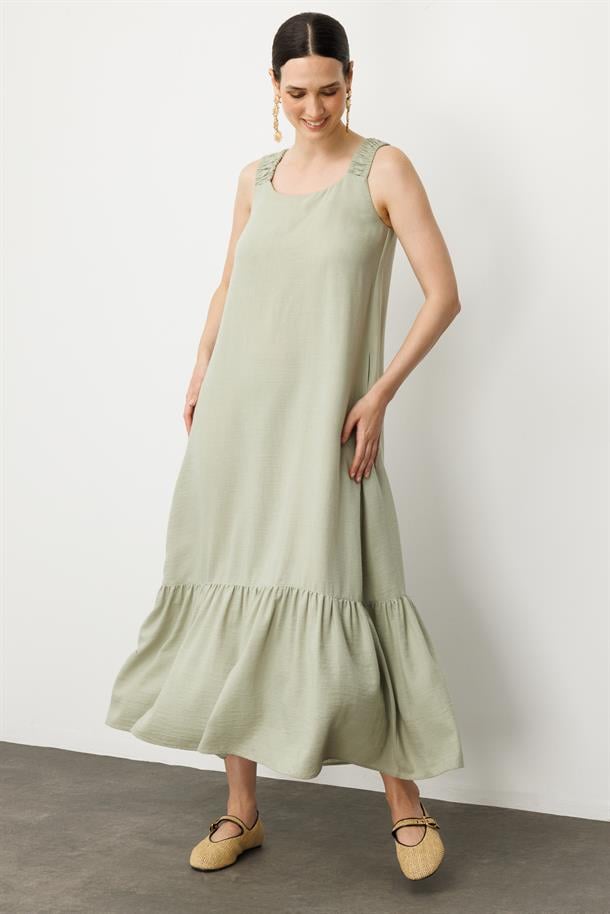 Keten Görünümlü Askılı Uzun Elbise-ÇAĞLA