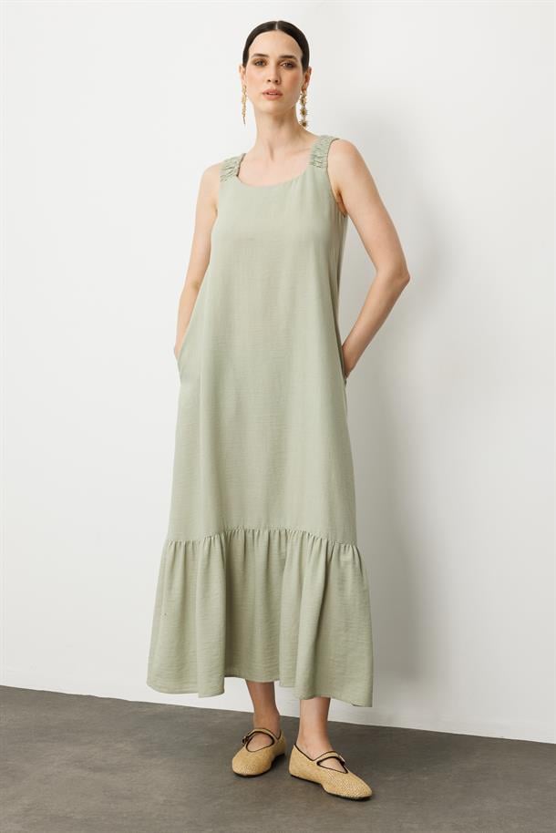 Keten Görünümlü Askılı Uzun Elbise-ÇAĞLA