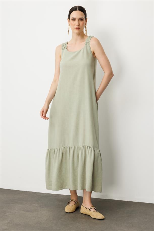 Keten Görünümlü Askılı Uzun Elbise-ÇAĞLA