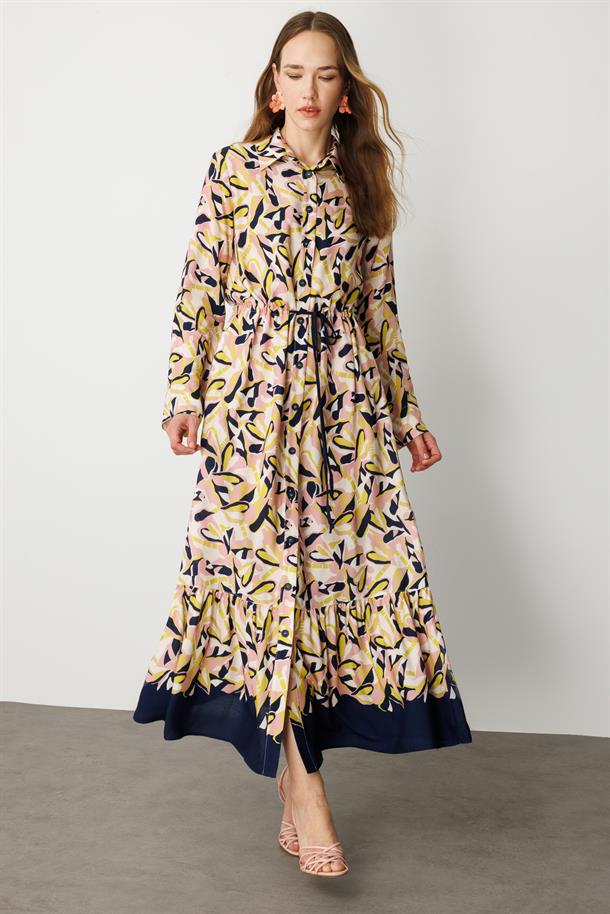 Keten Görünümlü Desenli Uzun Elbise-LACI