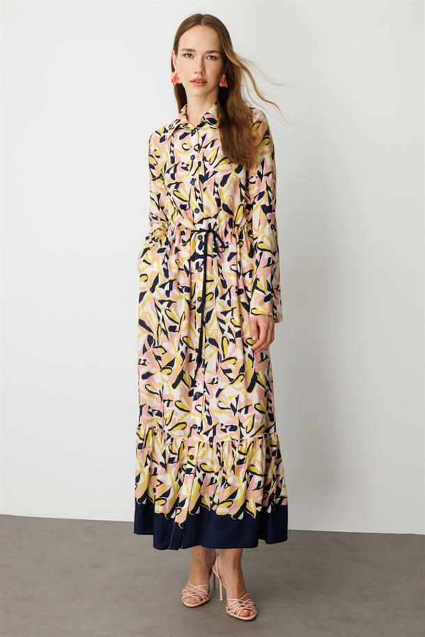 Keten Görünümlü Desenli Uzun Elbise-LACI