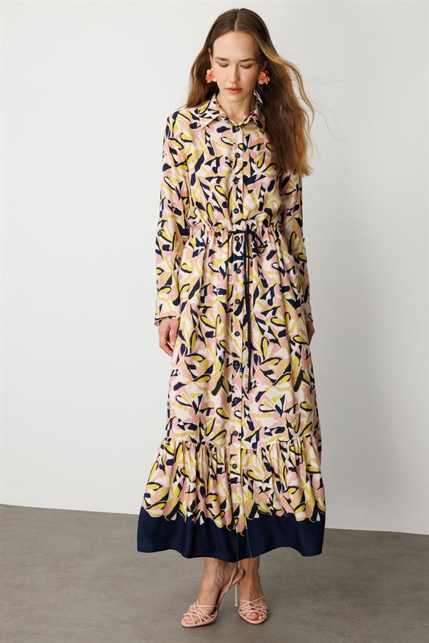 Keten Görünümlü Desenli Uzun Elbise-LACI