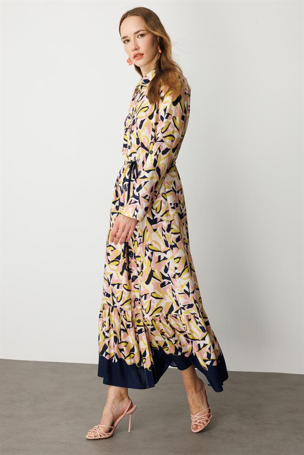 Keten Görünümlü Desenli Uzun Elbise-LACI