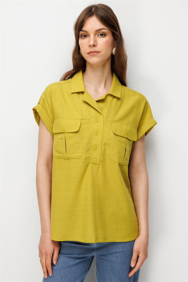 Keten Görünümlü Gömlek Bluz-Y.YEŞİLİ