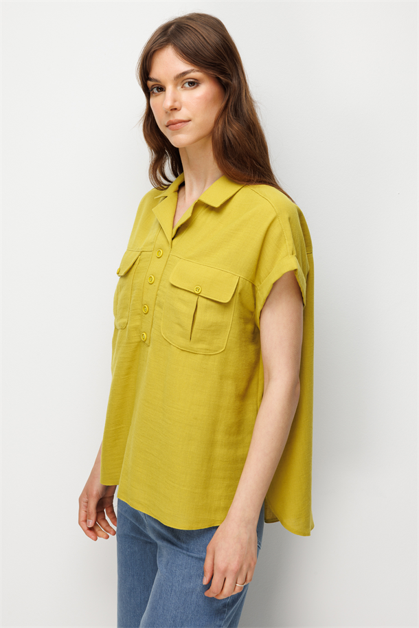 Keten Görünümlü Gömlek Bluz-Y.YEŞİLİ