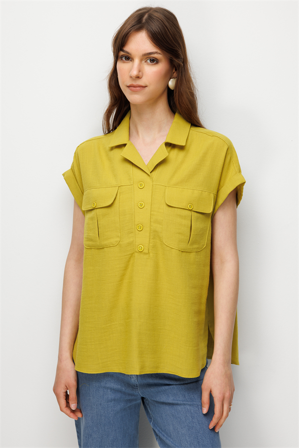 Keten Görünümlü Gömlek Bluz-Y.YEŞİLİ