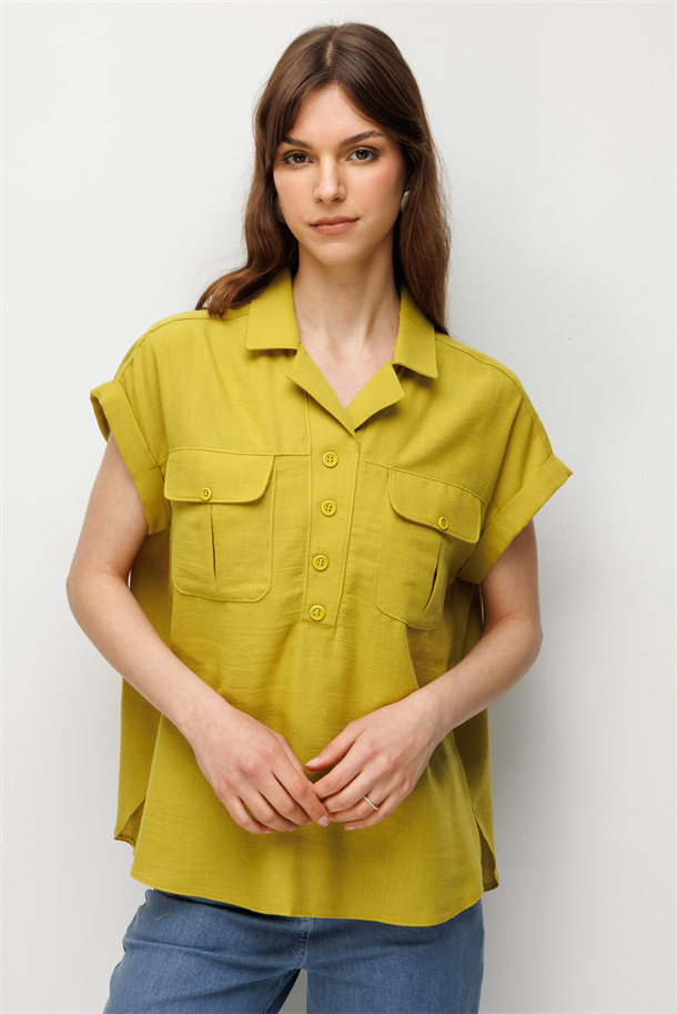 Keten Görünümlü Gömlek Bluz-Y.YEŞİLİ