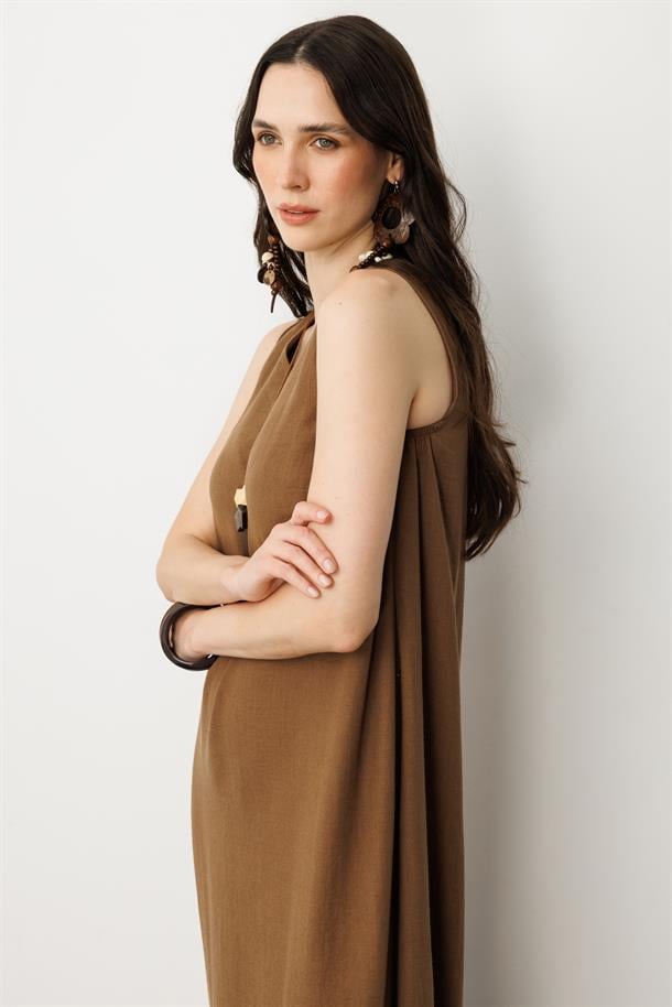 Keten Görünümlü Kolsuz Midi Elbise-KAHVE